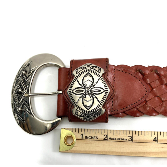 Red Leather Belt Womens Braided Belt Ornate‎ Silvertone Buckle Fits 25-27" Waist - Picture 7 of 8